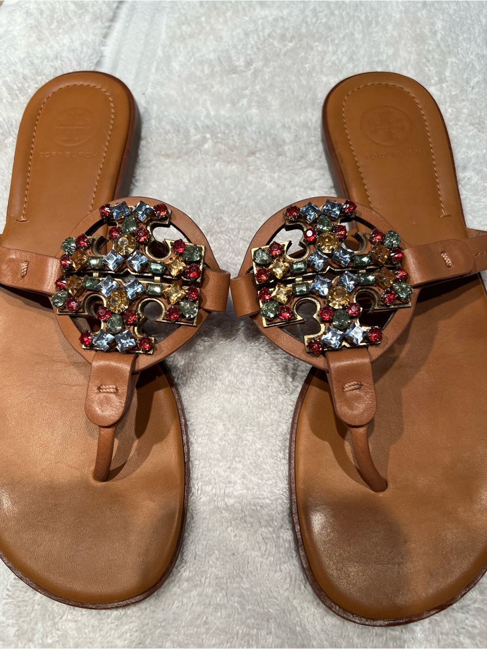 Tory Burch Tan Leather Jeweled Miller Sandals